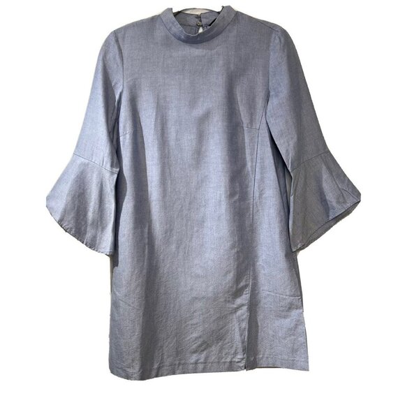ZARA Basic Womens Shirt Dress Blue Chambray Bell Sleeve Sz S Mini Short Pockets - Picture 1 of 12